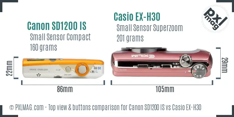 Canon SD1200 IS vs Casio EX-H30 top view buttons comparison