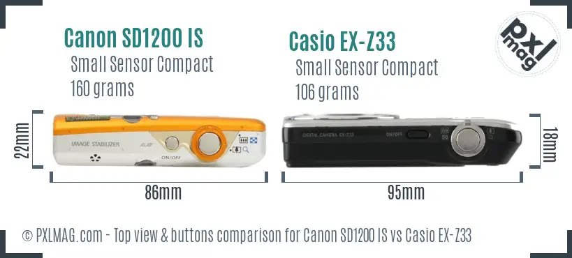 Canon SD1200 IS vs Casio EX-Z33 top view buttons comparison