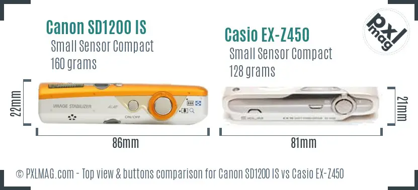 Canon SD1200 IS vs Casio EX-Z450 top view buttons comparison