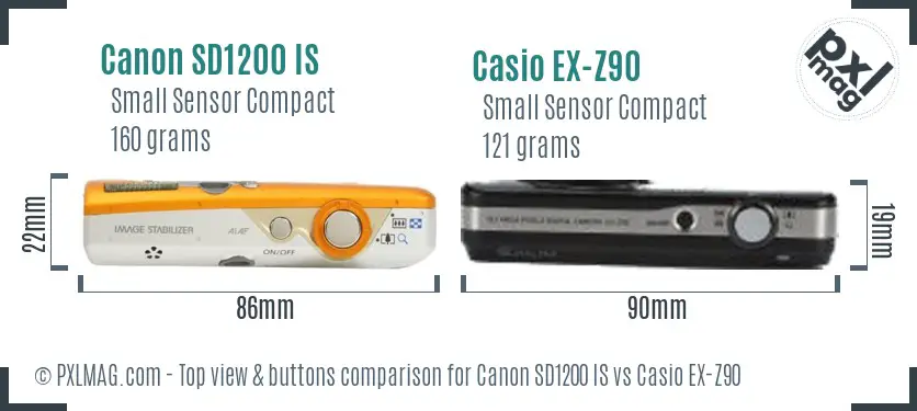 Canon SD1200 IS vs Casio EX-Z90 top view buttons comparison