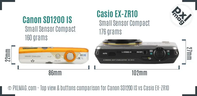 Canon SD1200 IS vs Casio EX-ZR10 top view buttons comparison
