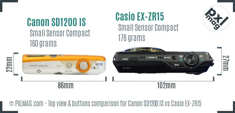 Canon SD1200 IS vs Casio EX-ZR15 top view buttons comparison Canon SD1200 IS vs Casio EX-ZR15 top view buttons comparison