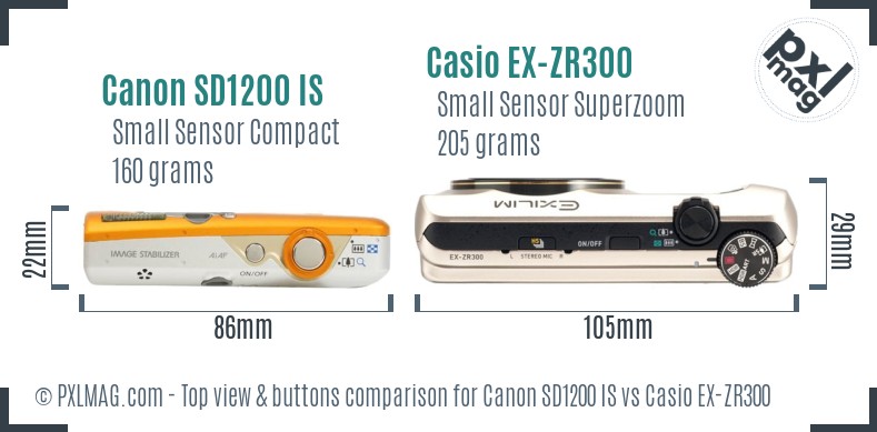 Canon SD1200 IS vs Casio EX-ZR300 top view buttons comparison