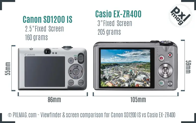 Canon SD1200 IS vs Casio EX-ZR400 Screen and Viewfinder comparison