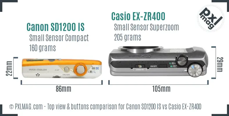 Canon SD1200 IS vs Casio EX-ZR400 top view buttons comparison