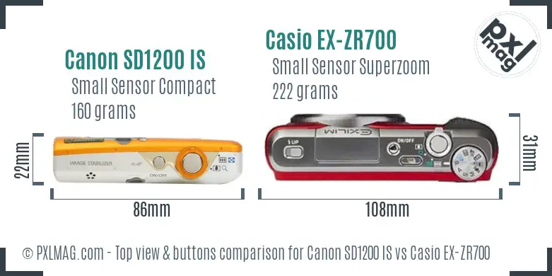 Canon SD1200 IS vs Casio EX-ZR700 top view buttons comparison