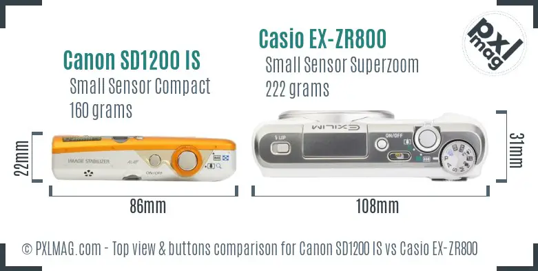 Canon SD1200 IS vs Casio EX-ZR800 top view buttons comparison Canon SD1200 IS vs Casio EX-ZR800 top view buttons comparison