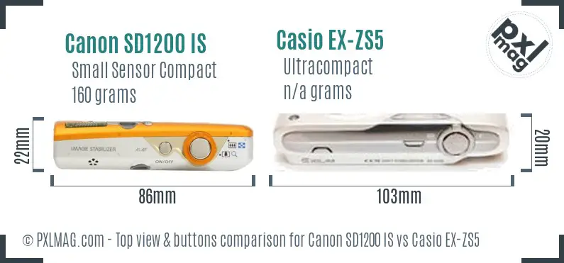Canon SD1200 IS vs Casio EX-ZS5 top view buttons comparison