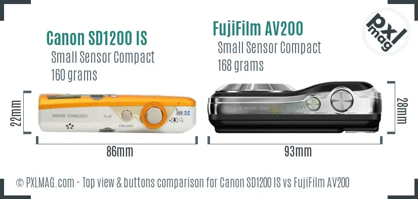 Canon SD1200 IS vs FujiFilm AV200 top view buttons comparison