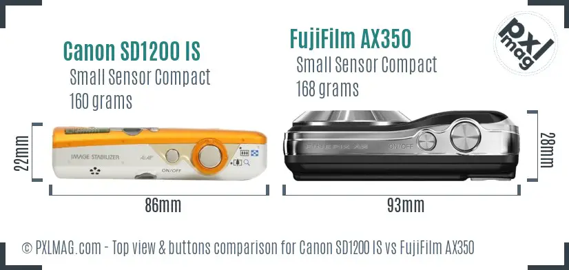 Canon SD1200 IS vs FujiFilm AX350 top view buttons comparison Canon SD1200 IS vs FujiFilm AX350 top view buttons comparison