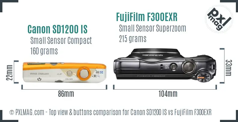Canon SD1200 IS vs FujiFilm F300EXR top view buttons comparison