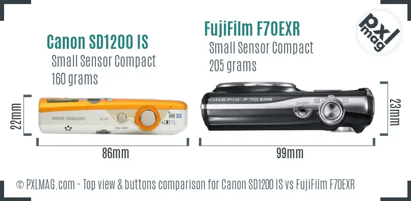 Canon SD1200 IS vs FujiFilm F70EXR top view buttons comparison