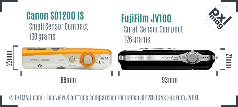 Canon SD1200 IS vs FujiFilm JV100 top view buttons comparison