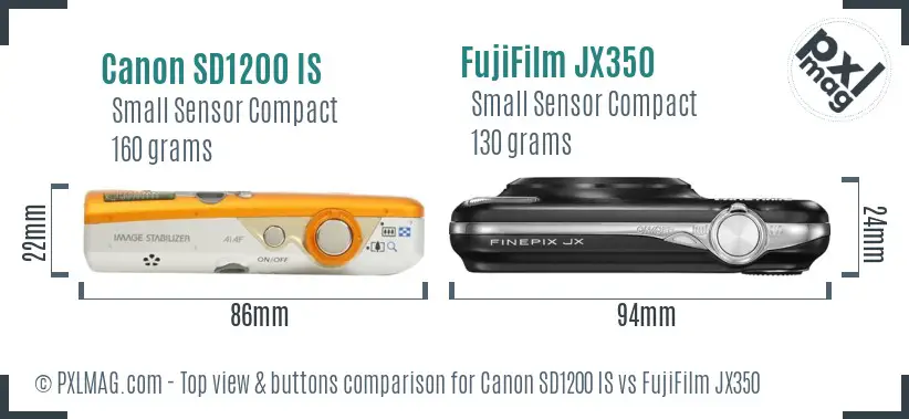 Canon SD1200 IS vs FujiFilm JX350 top view buttons comparison Canon SD1200 IS vs FujiFilm JX350 top view buttons comparison