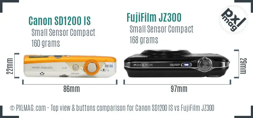 Canon SD1200 IS vs FujiFilm JZ300 top view buttons comparison