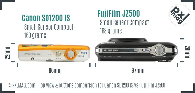 Canon SD1200 IS vs FujiFilm JZ500 top view buttons comparison