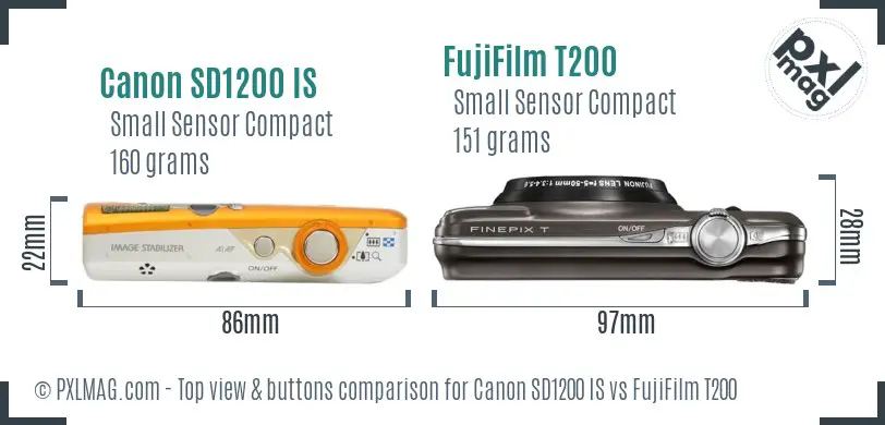Canon SD1200 IS vs FujiFilm T200 top view buttons comparison Canon SD1200 IS vs FujiFilm T200 top view buttons comparison