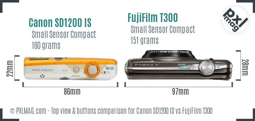 Canon SD1200 IS vs FujiFilm T300 top view buttons comparison Canon SD1200 IS vs FujiFilm T300 top view buttons comparison