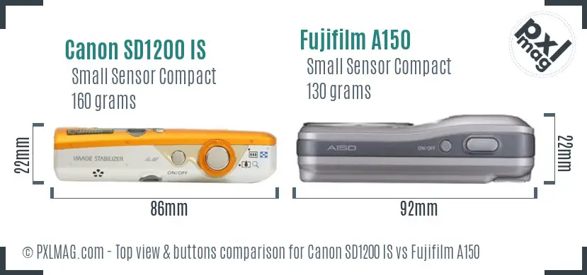 Canon SD1200 IS vs Fujifilm A150 top view buttons comparison Canon SD1200 IS vs Fujifilm A150 top view buttons comparison