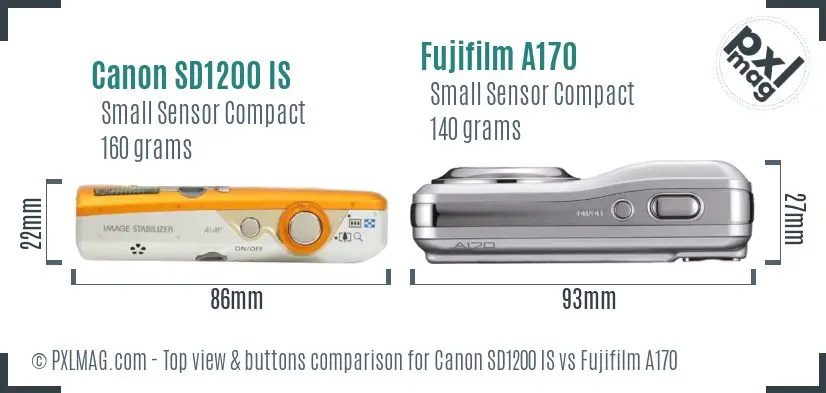 Canon SD1200 IS vs Fujifilm A170 top view buttons comparison