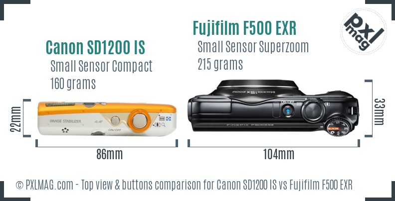 Canon SD1200 IS vs Fujifilm F500 EXR top view buttons comparison