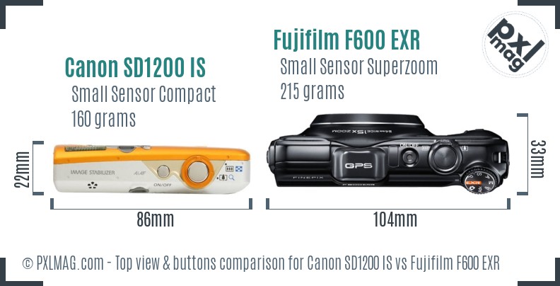 Canon SD1200 IS vs Fujifilm F600 EXR top view buttons comparison