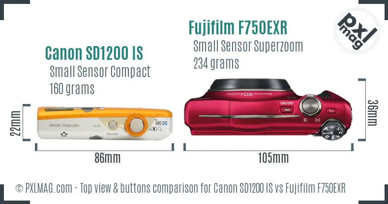 Canon SD1200 IS vs Fujifilm F750EXR top view buttons comparison