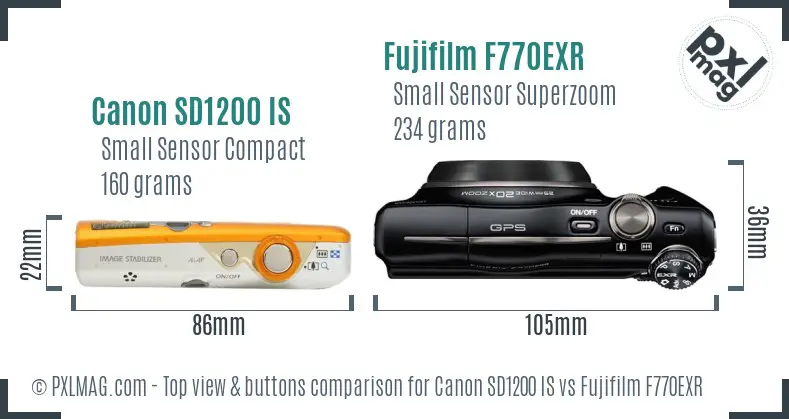 Canon SD1200 IS vs Fujifilm F770EXR top view buttons comparison