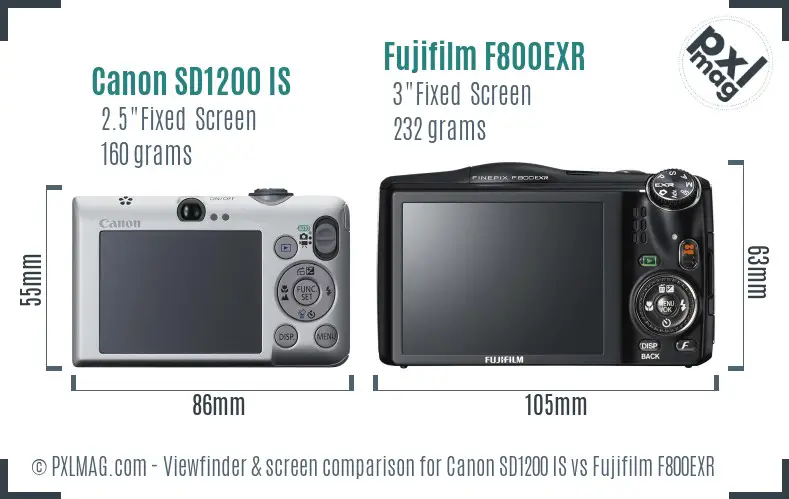Canon SD1200 IS vs Fujifilm F800EXR Screen and Viewfinder comparison