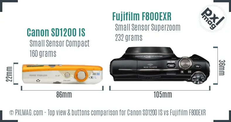 Canon SD1200 IS vs Fujifilm F800EXR top view buttons comparison