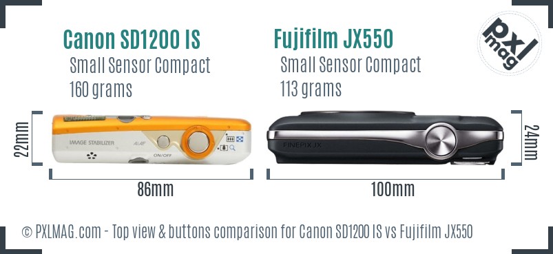 Canon SD1200 IS vs Fujifilm JX550 top view buttons comparison