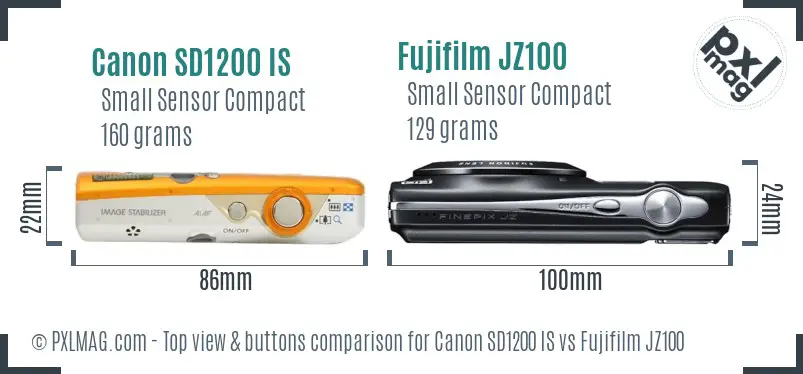 Canon SD1200 IS vs Fujifilm JZ100 top view buttons comparison