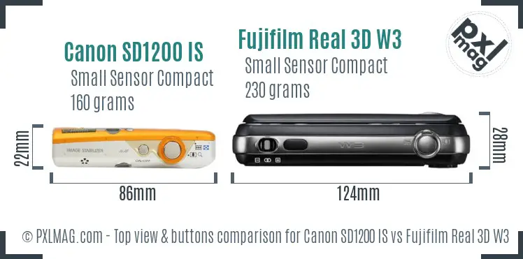 Canon SD1200 IS vs Fujifilm Real 3D W3 top view buttons comparison Canon SD1200 IS vs Fujifilm Real 3D W3 top view buttons comparison