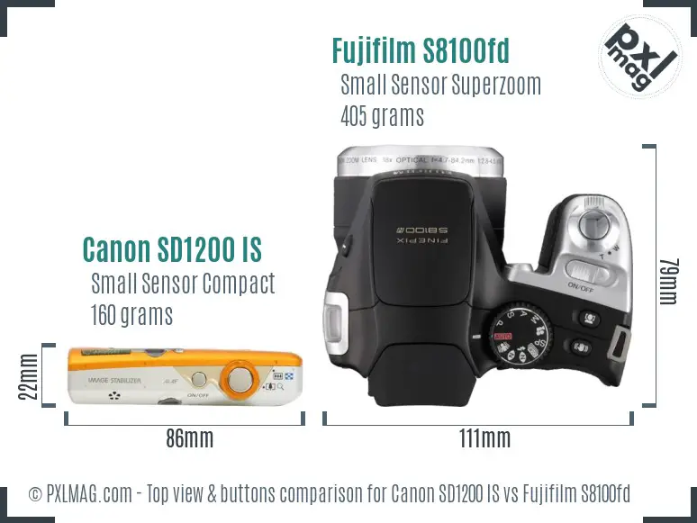 Canon SD1200 IS vs Fujifilm S8100fd top view buttons comparison Canon SD1200 IS vs Fujifilm S8100fd top view buttons comparison