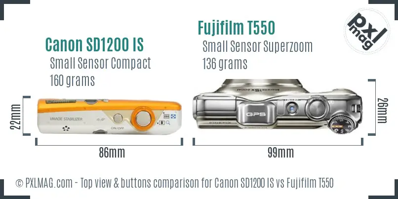 Canon SD1200 IS vs Fujifilm T550 top view buttons comparison