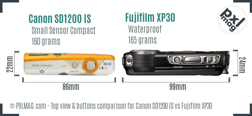 Canon SD1200 IS vs Fujifilm XP30 top view buttons comparison