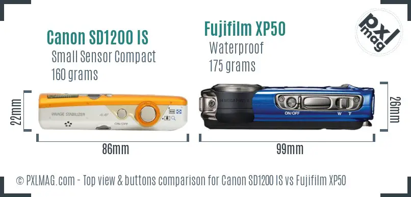 Canon SD1200 IS vs Fujifilm XP50 top view buttons comparison