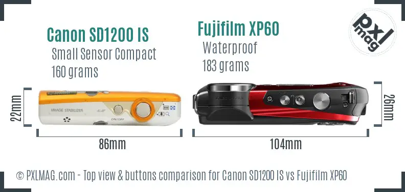 Canon SD1200 IS vs Fujifilm XP60 top view buttons comparison