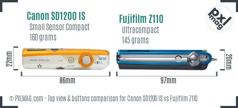Canon SD1200 IS vs Fujifilm Z110 top view buttons comparison
