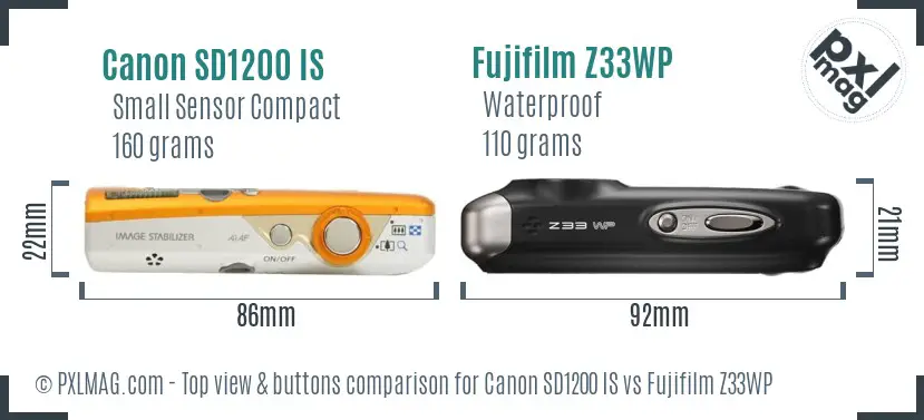Canon SD1200 IS vs Fujifilm Z33WP top view buttons comparison