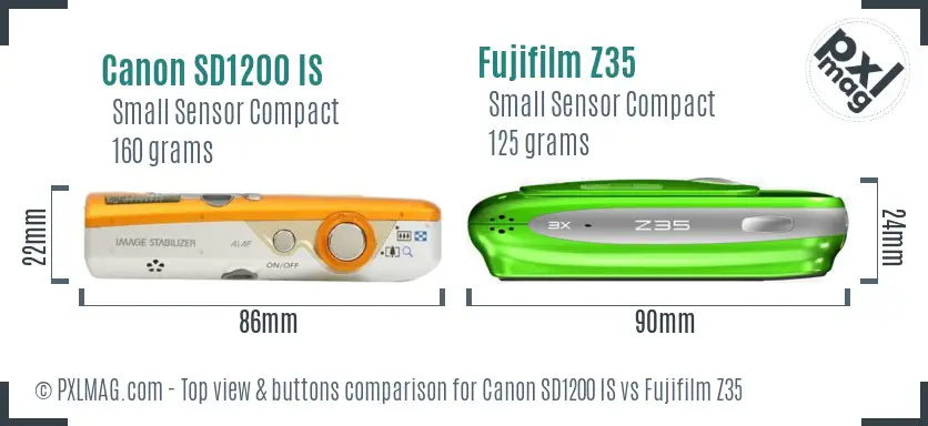 Canon SD1200 IS vs Fujifilm Z35 top view buttons comparison
