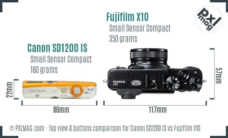 Canon SD1200 IS vs Fujifilm X10 top view buttons comparison