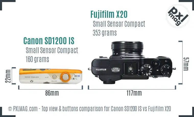 Canon SD1200 IS vs Fujifilm X20 top view buttons comparison