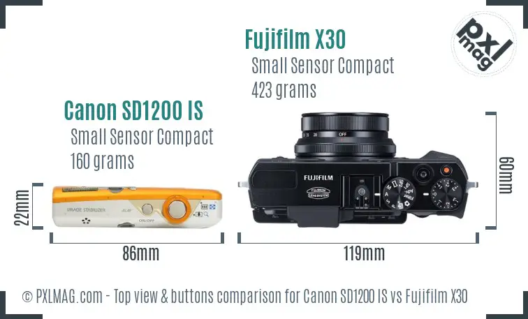 Canon SD1200 IS vs Fujifilm X30 top view buttons comparison