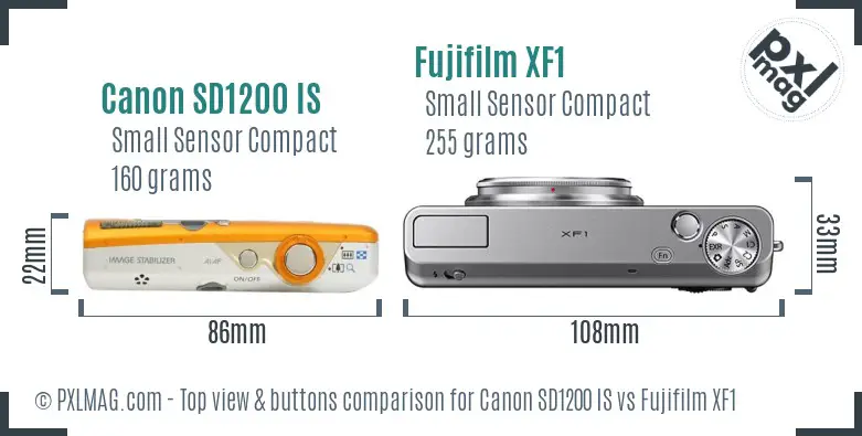 Canon SD1200 IS vs Fujifilm XF1 top view buttons comparison