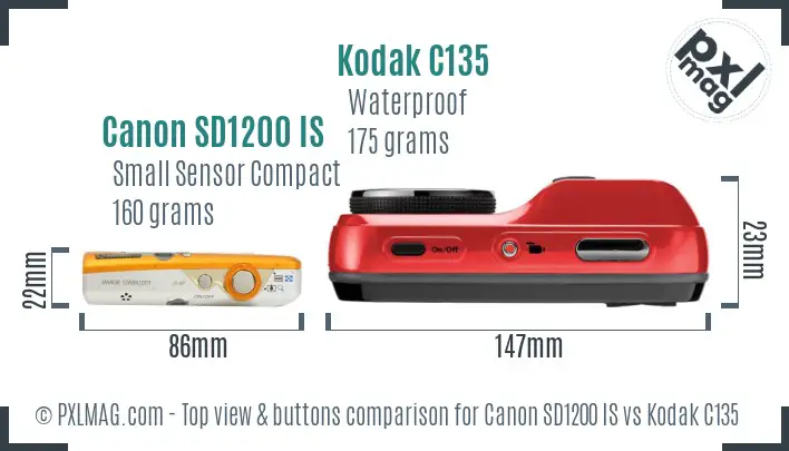 Canon SD1200 IS vs Kodak C135 top view buttons comparison