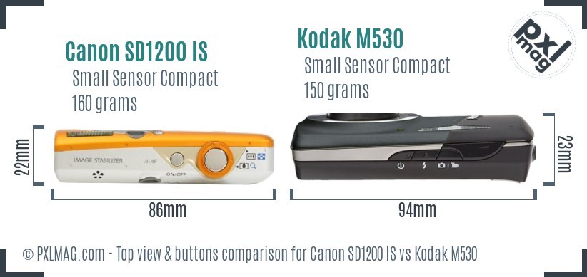 Canon SD1200 IS vs Kodak M530 top view buttons comparison