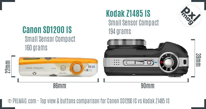 Canon SD1200 IS vs Kodak Z1485 IS top view buttons comparison