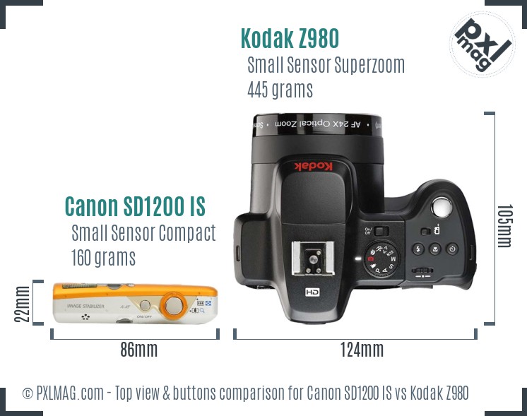 Canon SD1200 IS vs Kodak Z980 top view buttons comparison
