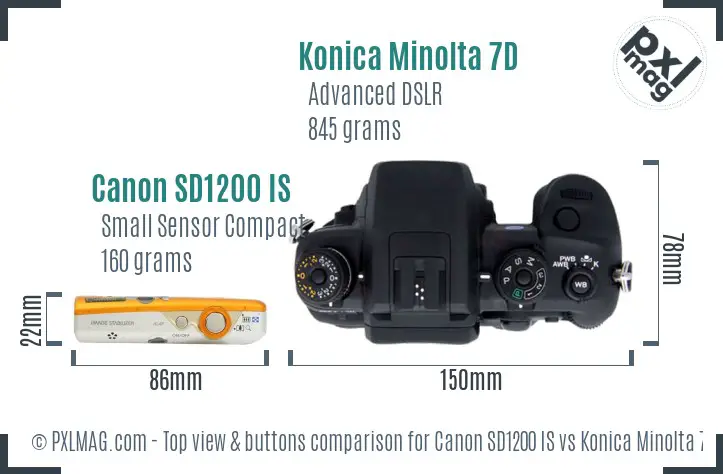 Canon SD1200 IS vs Konica Minolta 7D top view buttons comparison